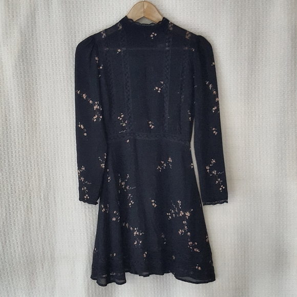 REFORMATION long sleeve black floral short midi fit and flare dress size2 - Picture 6 of 13